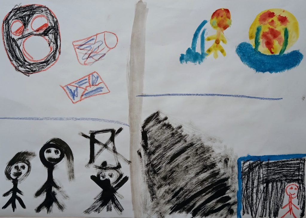 Art terapijski rad adolescentice prikazuje anksioznost, strah od budućnosti, tugu i zabrinutost zbog mogućeg gubitka bliskih osoba.