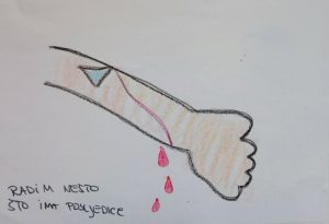 Tinejdžerica u art terapijskom radu prikazuje stanje impulzivne reakcije i emocionalne preplavljenosti.
